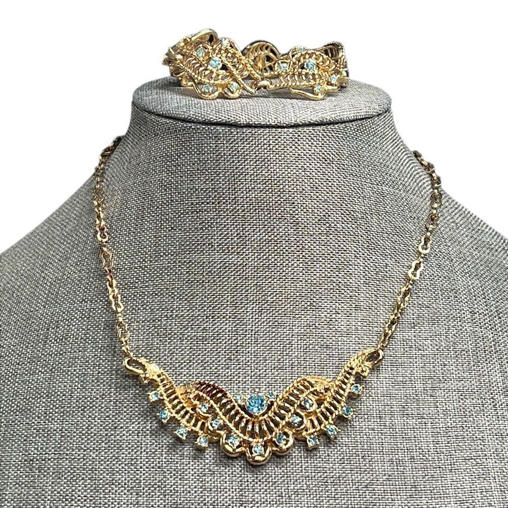 Vintage Gold Tone Blue Rhinestone Filigree Necklace Bracelet Set
